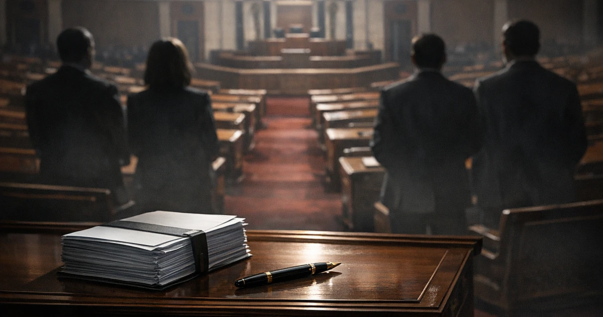 Legislative chamber with silhouetted figures viewing empty desks and a document awaiting signature on central podium