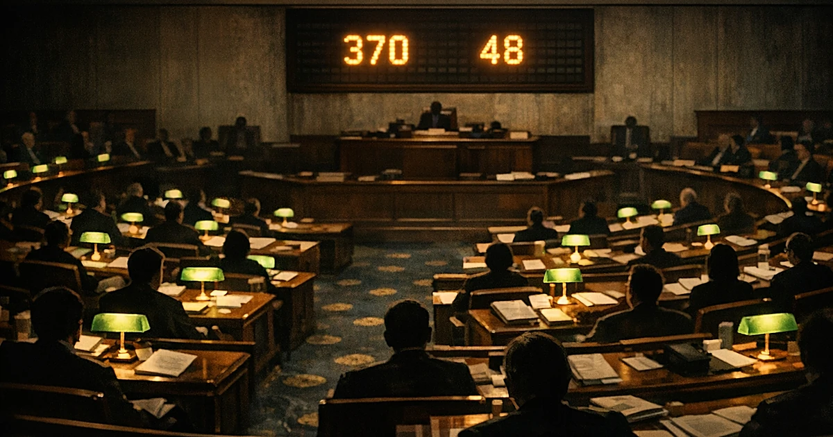 Legislative chamber from above showing seated silhouettes at desks with electronic vote tally board displaying 370-48