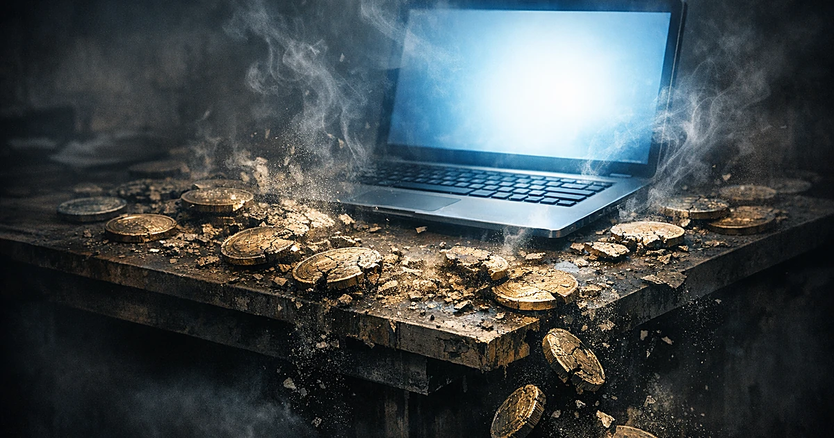 Laptop surrounded by crumbling cryptocurrency coins falling and disintegrating into dust on a desk