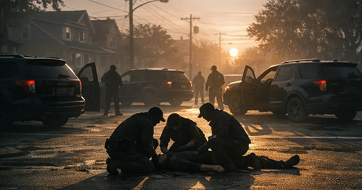 Unmarked vehicles surround a person on the ground being helped by bystanders on a residential street at dawn