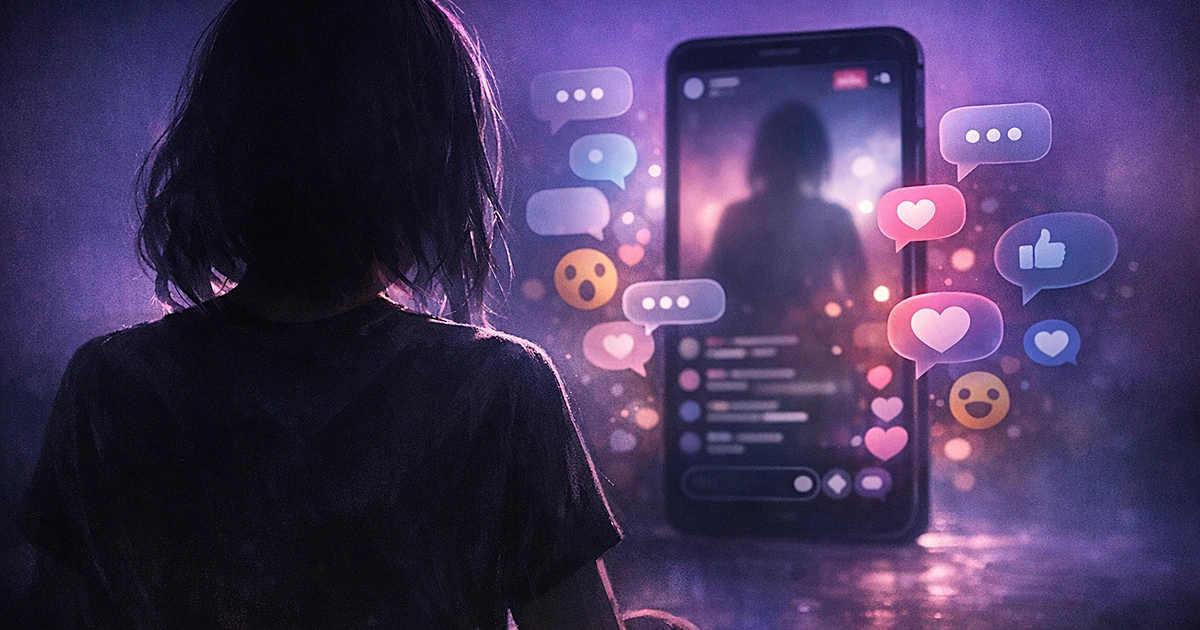 Silhouetted figure facing glowing smartphone during live stream with floating digital comments in purple-blue light