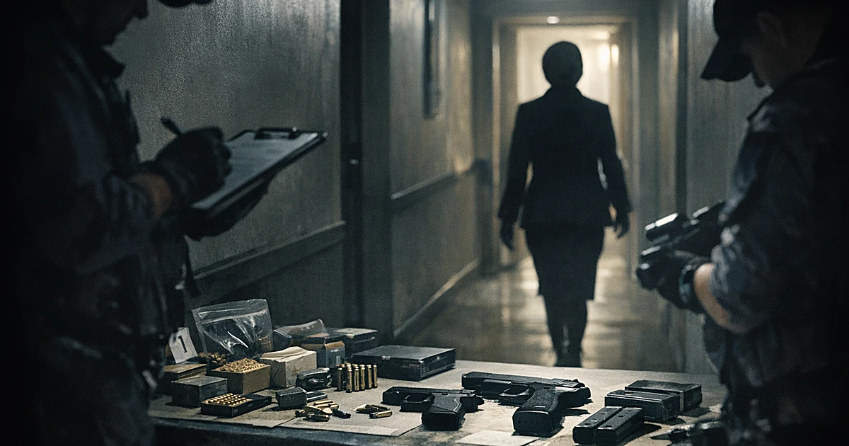 Silhouetted figure walking away while law enforcement documents confiscated weapons and ammunition on table in foreground
