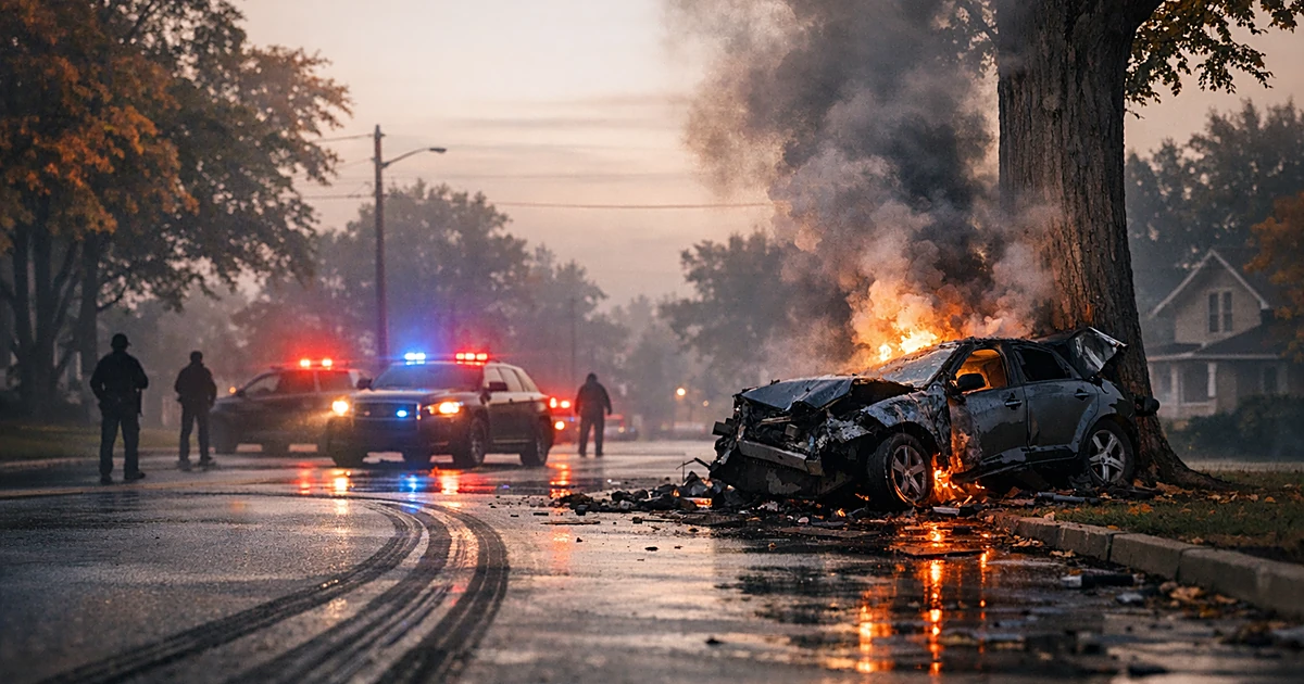 Crashed vehicle against tree at intersection with emergency vehicle silhouettes and smoke at dawn