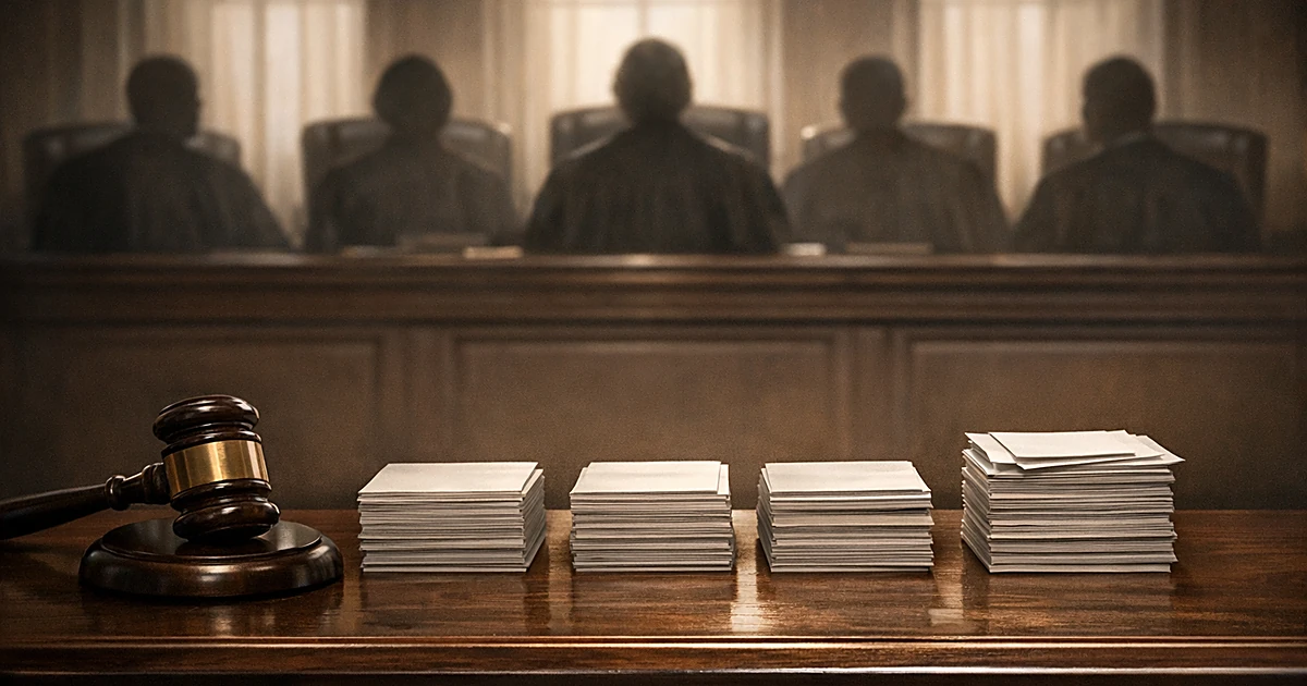 Gavel on judicial bench with three nearly equal stacks of ballots, silhouetted judges seated behind in backlit courtroom