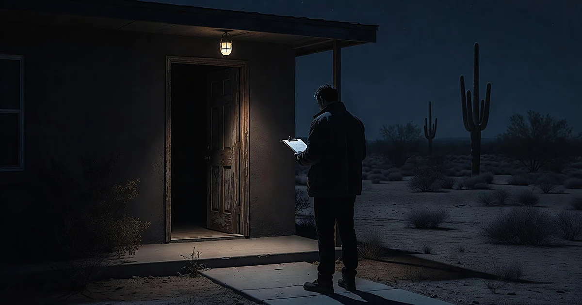 Silhouetted investigator outside darkened Arizona home at night with open door and desert landscape in background