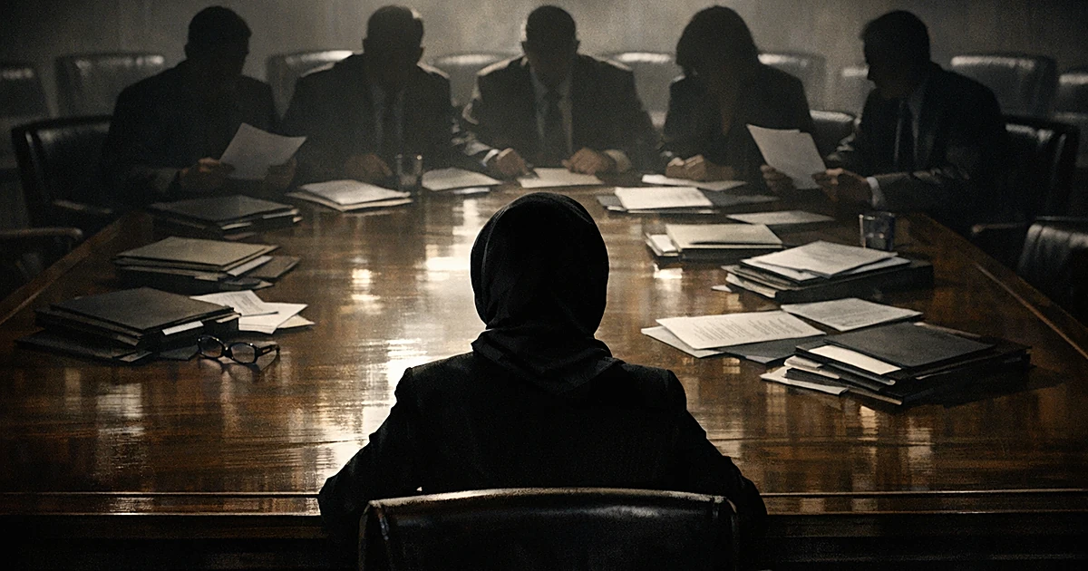 Silhouetted figure seated at table facing multiple officials in dim hearing room with documents spread across surface