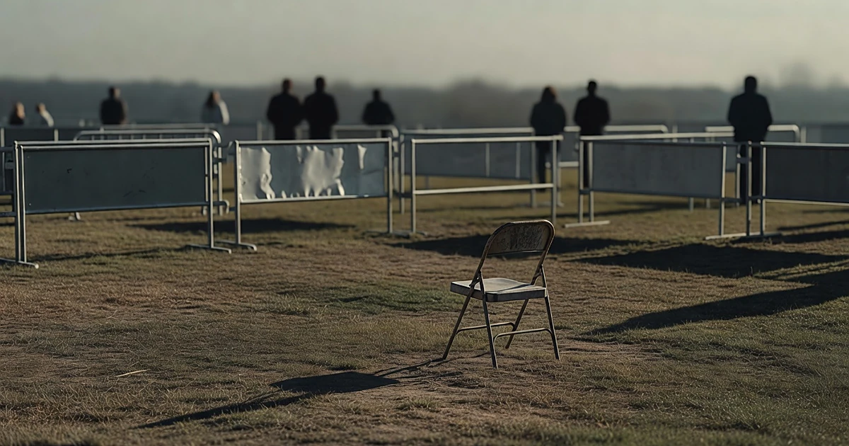 Empty folding chair on grass at outdoor rally venue with crowd barriers, casting long shadow in somber afternoon light