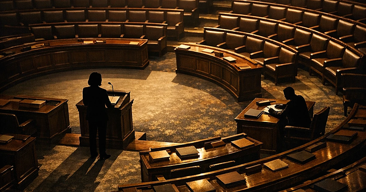 Silhouetted figures in congressional chamber with empty desks, one at podium, suggesting political confrontation
