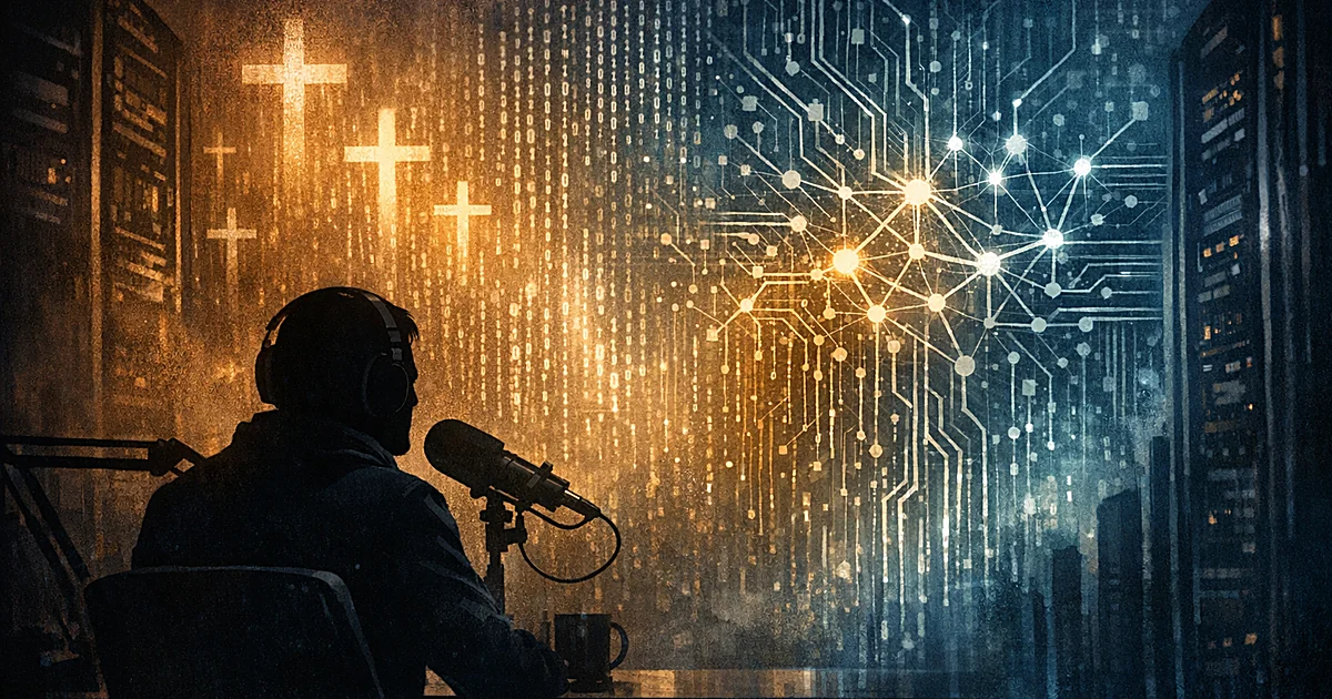 Silhouetted podcaster at microphone with digital projections of circuit boards and religious symbols merging in background