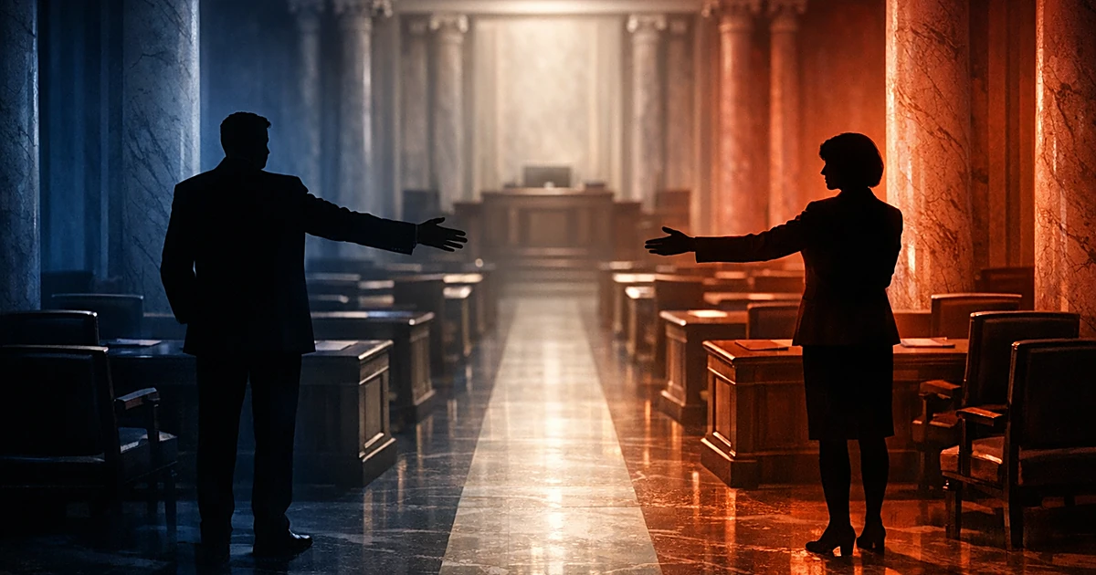 Two silhouettes reach across a politically divided Senate chamber aisle, one side lit blue, the other red