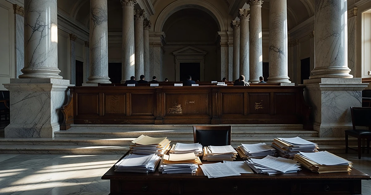 Imposing courthouse bench with urgent stacks of legal documents piled in foreground, dramatic shadows across floor