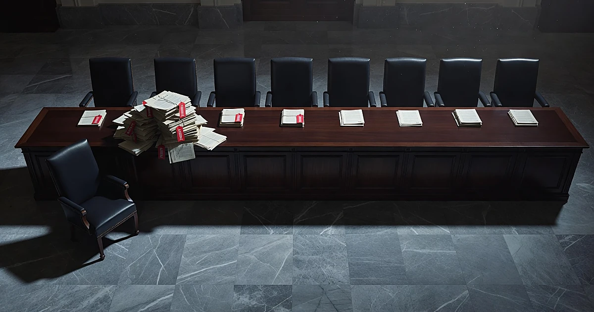 Overhead view of Supreme Court bench with one isolated chair surrounded by stacks of urgent documents