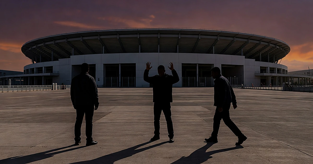 Three silhouetted figures in confrontational poses outside a modern stadium at dusk with dramatic lighting