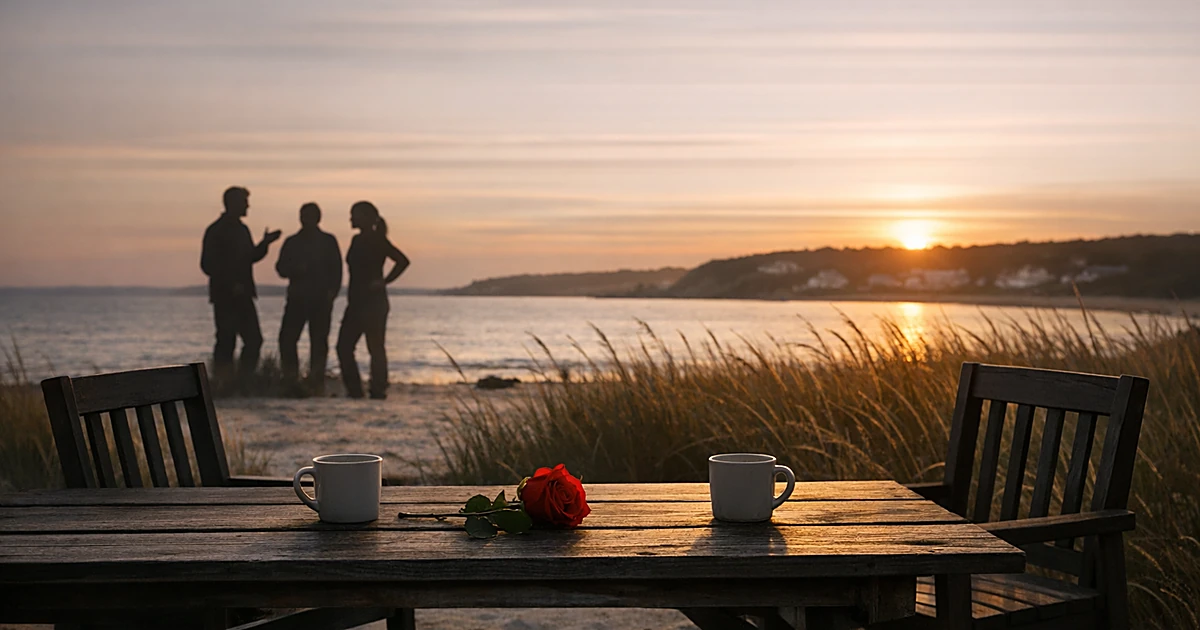 Empty chairs at beach table with rose between them while distant silhouettes gesture in background at sunset