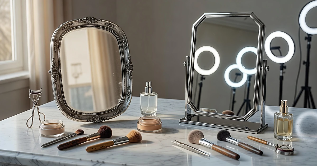 Two antique mirrors on vanity with makeup tools between them, one in natural light, one in artificial studio lighting