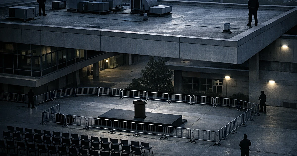 Empty university rooftop overlooking abandoned outdoor speaking venue with distant security silhouettes below