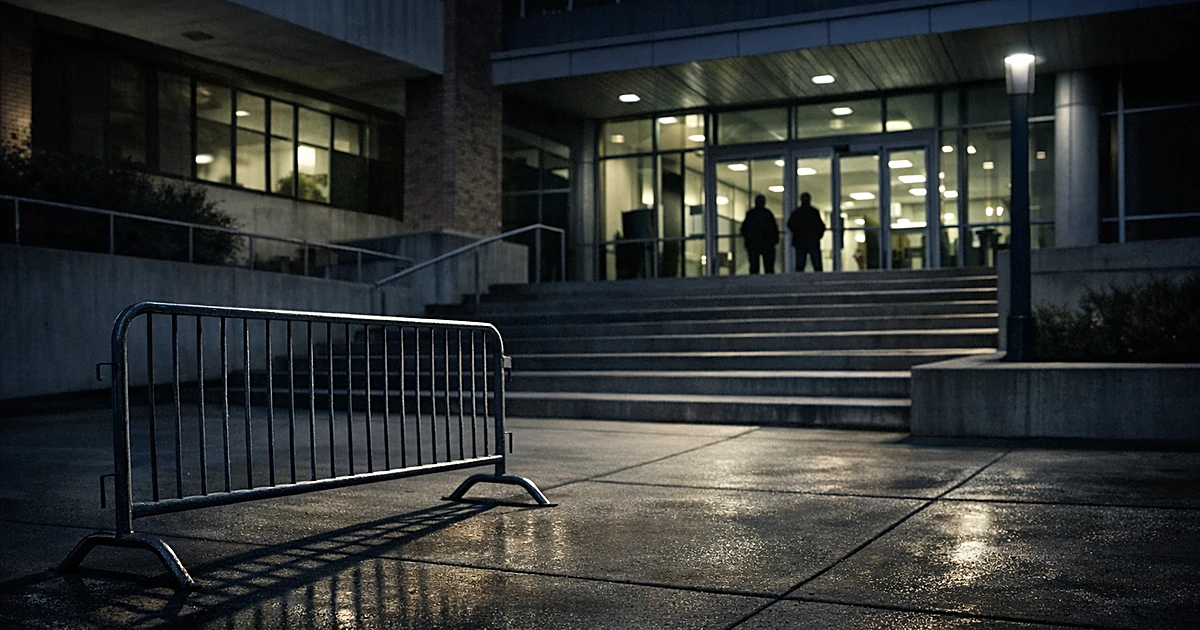 Empty university building entrance with lone security barrier casting shadow on concrete steps at dusk