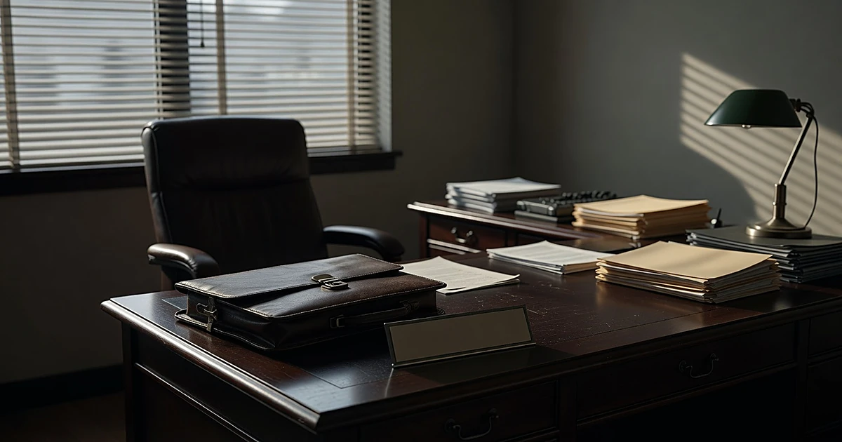 Empty office desk with vacant chair and blank nameplate suggesting recent departure from government position