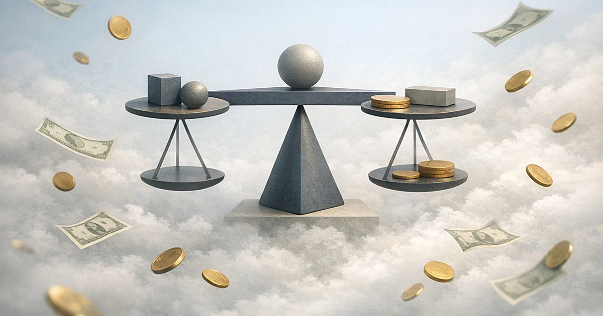 Abstract scales with floating coins and currency in soft clouds representing financial accountability