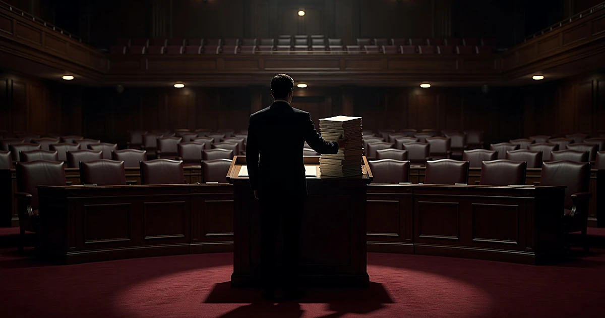 Silhouetted figure at podium with stack of papers in empty legislative chamber with vacant seats