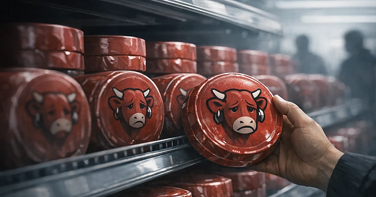 Hand reaching for red circular cheese packages on refrigerated grocery store shelves under fluorescent lighting