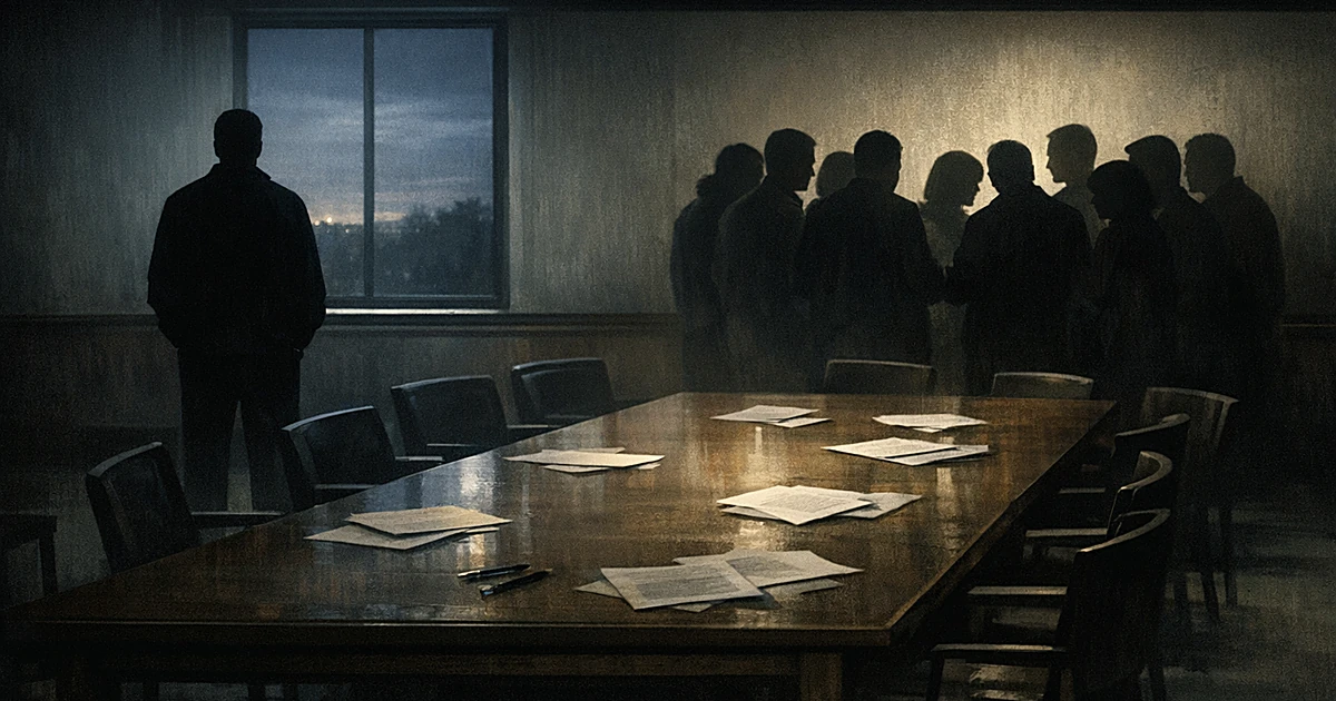 Silhouetted lone juror stands apart from group of eleven other jurors across deliberation room table