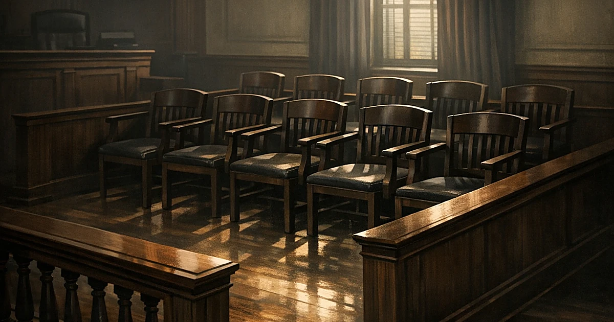 Empty jury box with twelve wooden chairs in shadowed courtroom with light streaming through windows