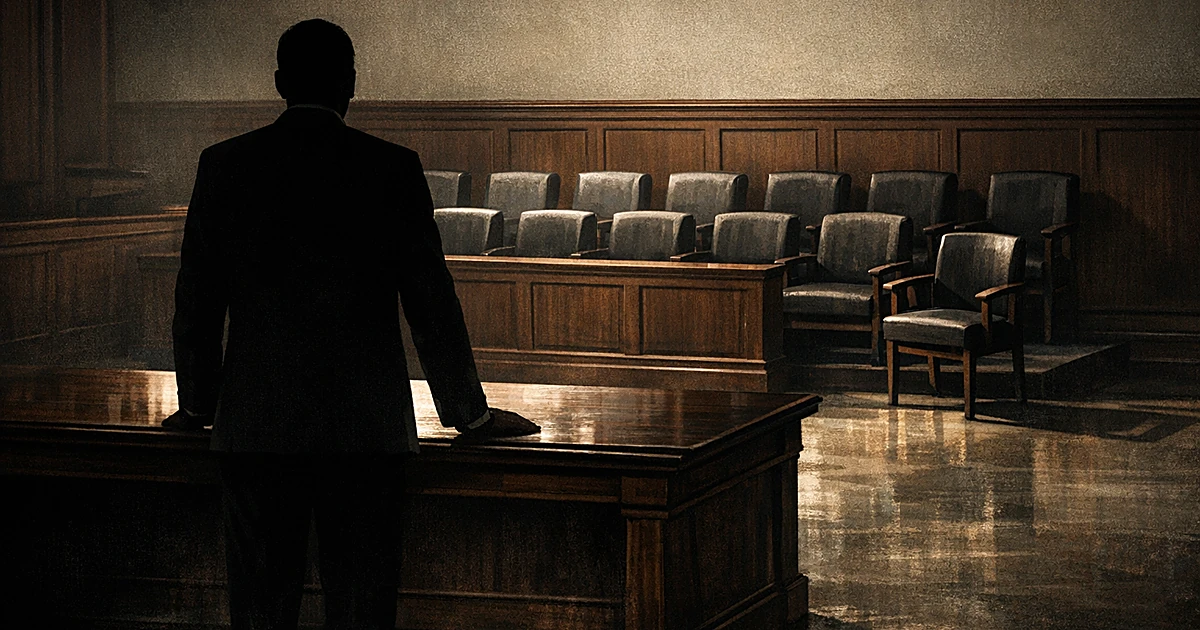 Empty courtroom with figure at table and twelve jury chairs, one separated from the group, in dramatic lighting