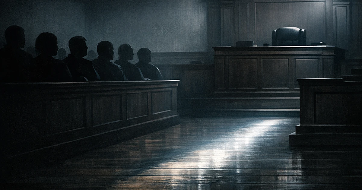 Dark courtroom with silhouetted figures in jury box and empty judge's bench, illuminated by single shaft of light