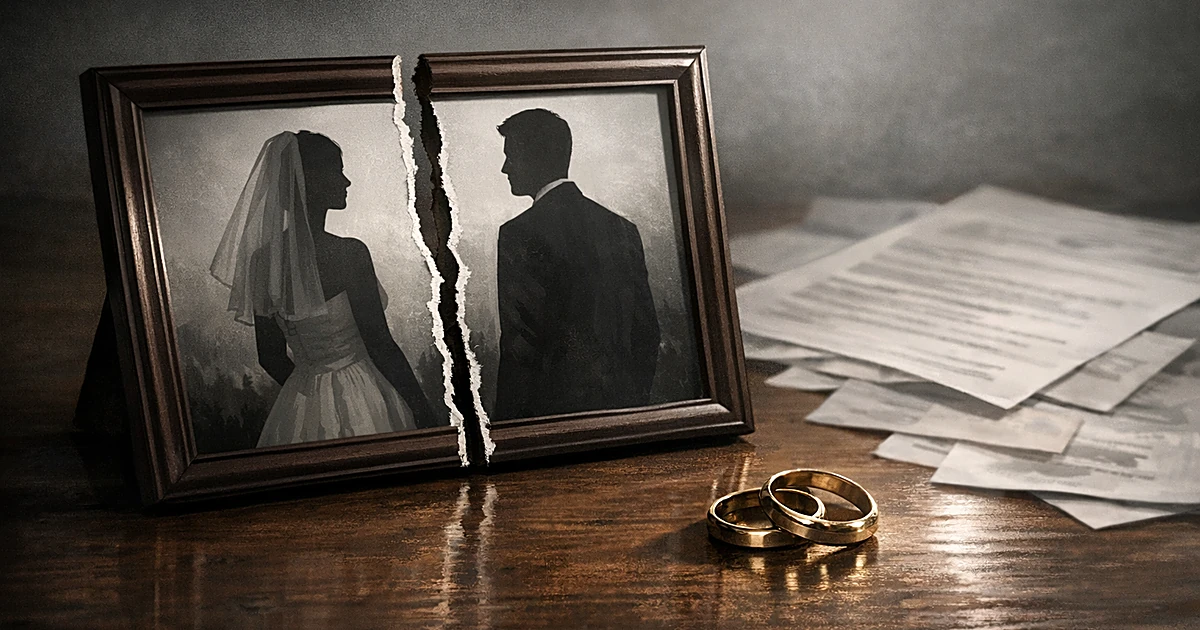 Torn wedding photo frame split in half with wedding rings and scattered papers on wooden surface