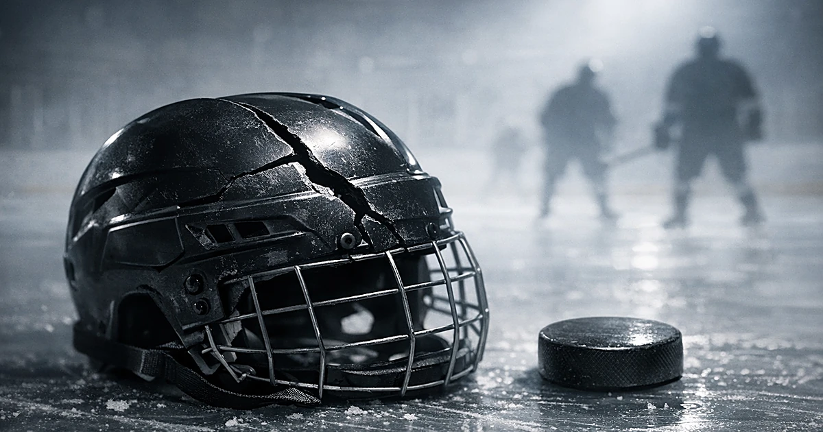 Cracked black hockey helmet lying on ice with hockey puck nearby under rink lights