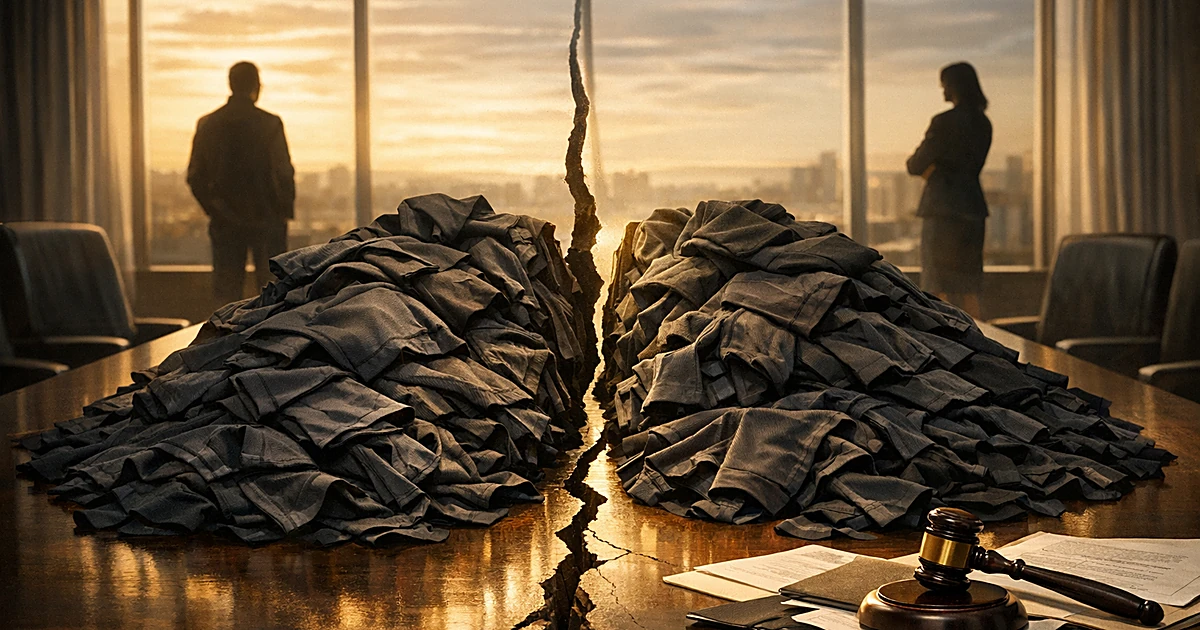 Athletic wear pile split in half on boardroom table with legal documents, symbolizing divorce settlement