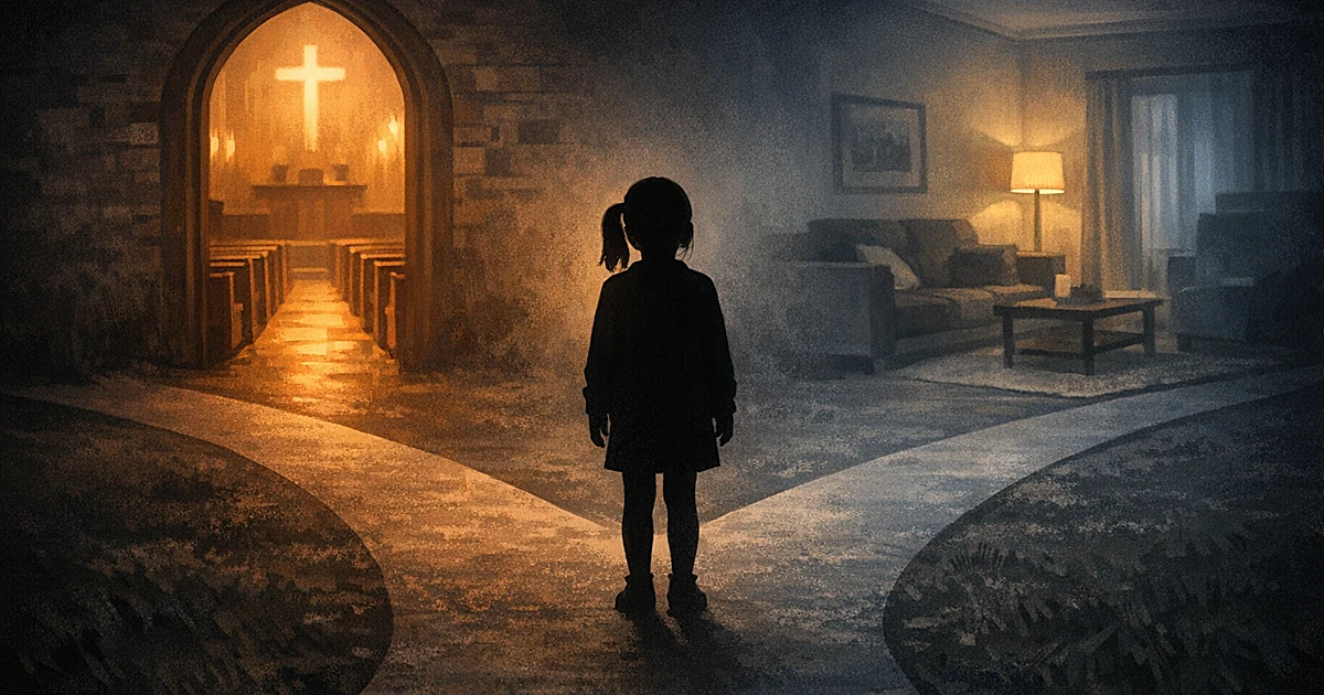 Child silhouette standing between church interior and home setting, symbolizing custody dispute over worship