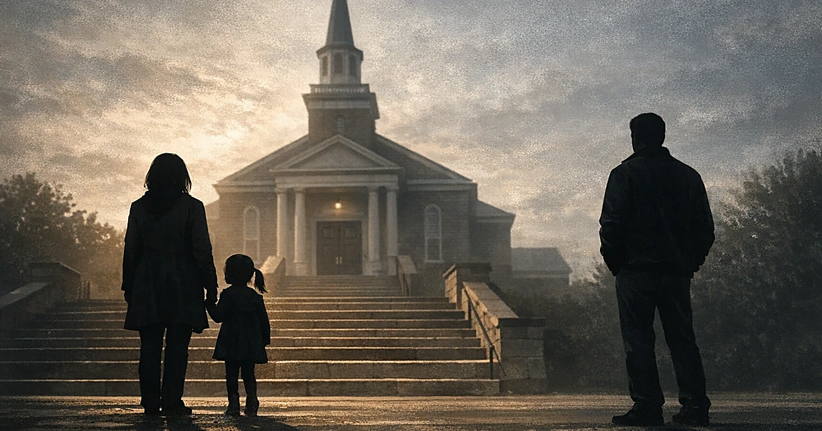 Silhouettes of separated parent figures with child near church steps, depicting custody dispute over religious attendance