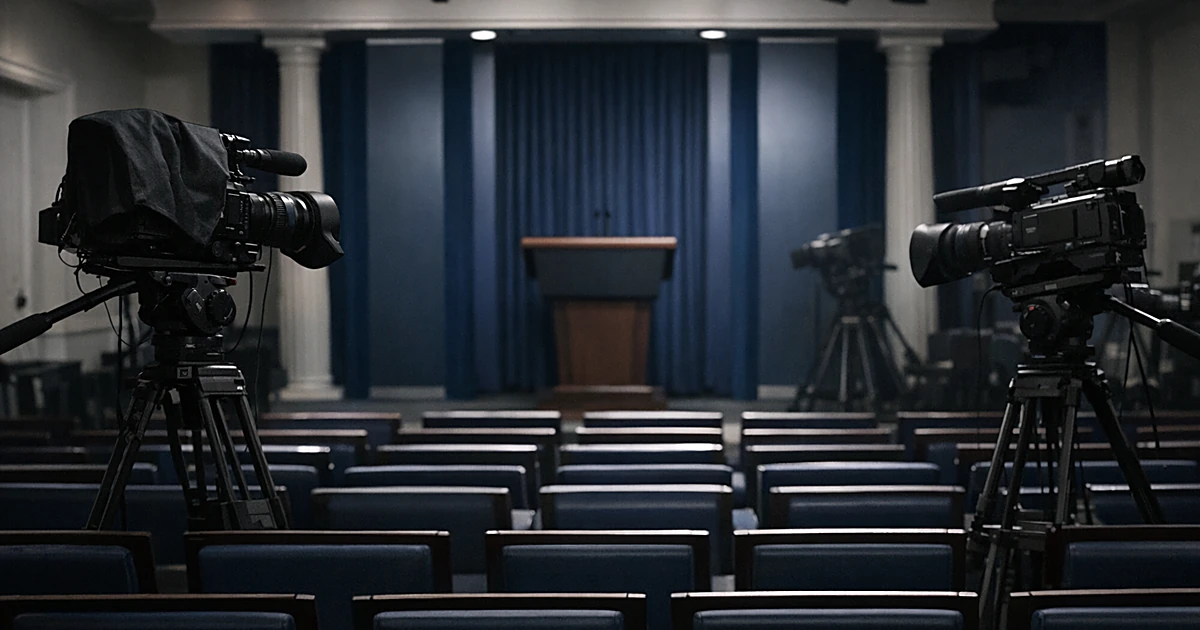 Empty White House briefing room with abandoned TV cameras and vacant chairs, symbolizing network boycott