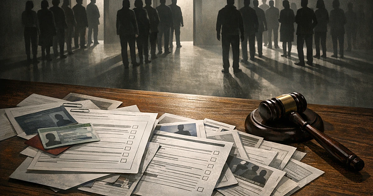 Immigration documents on desk with gavel, silhouetted figures in lines leading to doorways in background