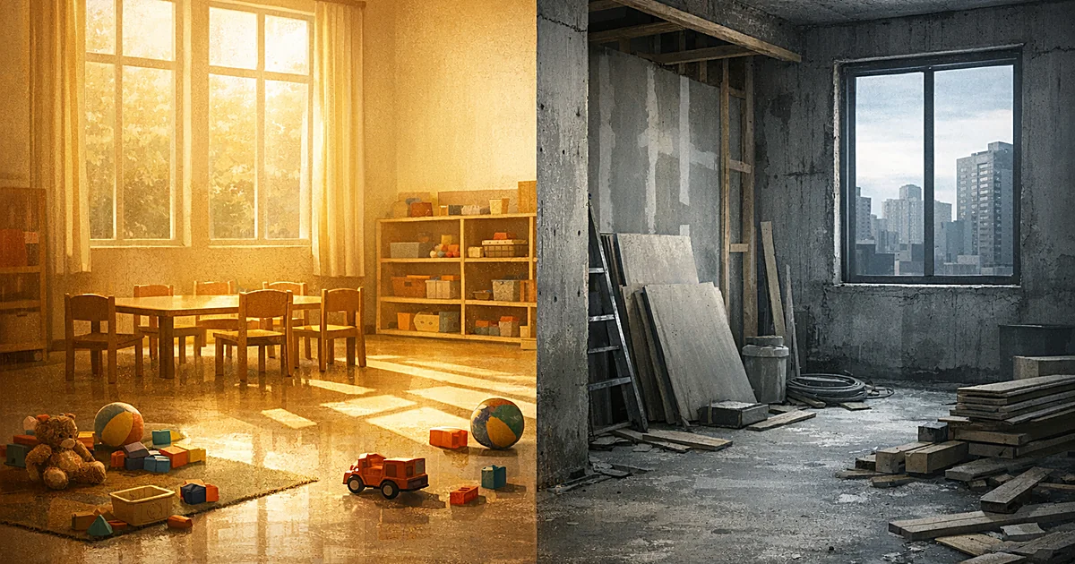 Empty childcare center with small furniture beside unfinished apartment interior, both spaces vacant and incomplete