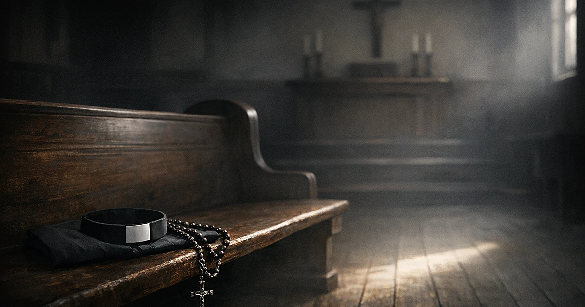 Empty church pew with priest's collar and rosary in shadowed chapel interior with single beam of light
