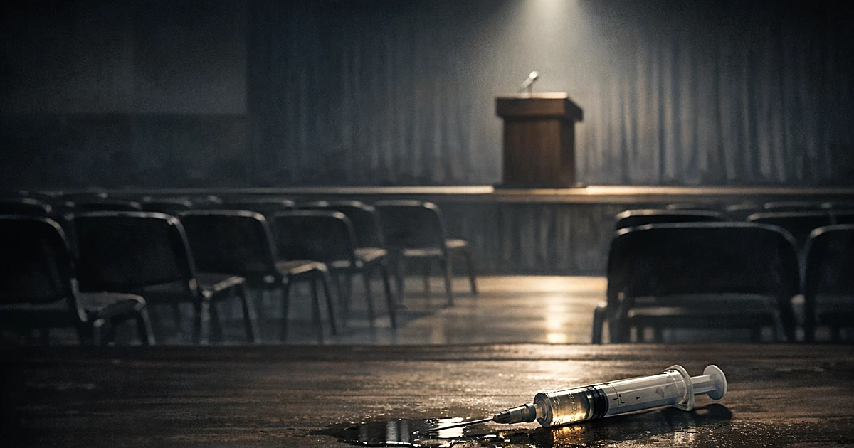 Empty town hall stage with podium under spotlight, syringe on floor in foreground casting shadow with liquid puddle