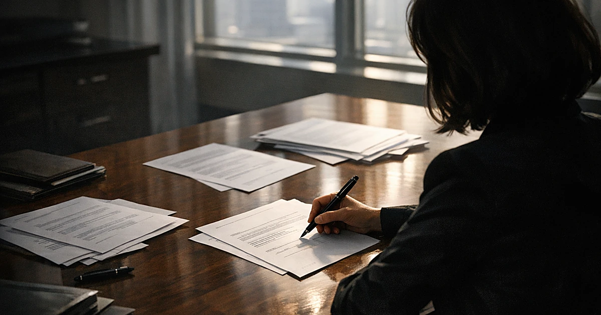 Silhouette of person signing corporate documents at desk with papers spread across surface in modern office setting