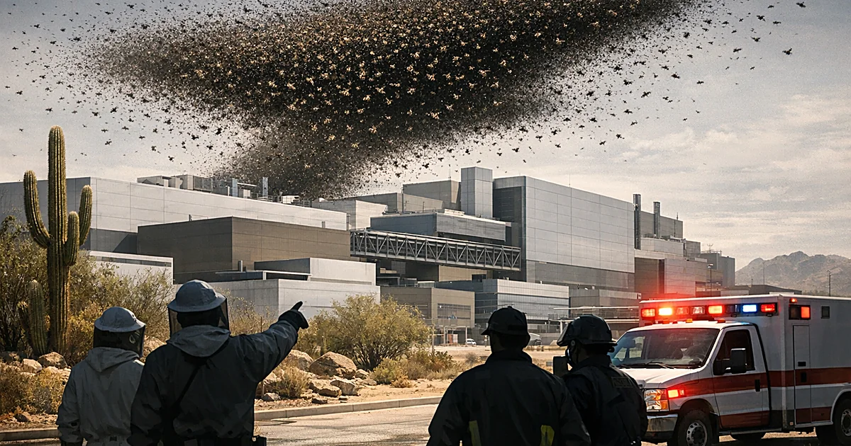 Large bee swarm hovering over industrial facility with emergency responders and silhouetted workers below