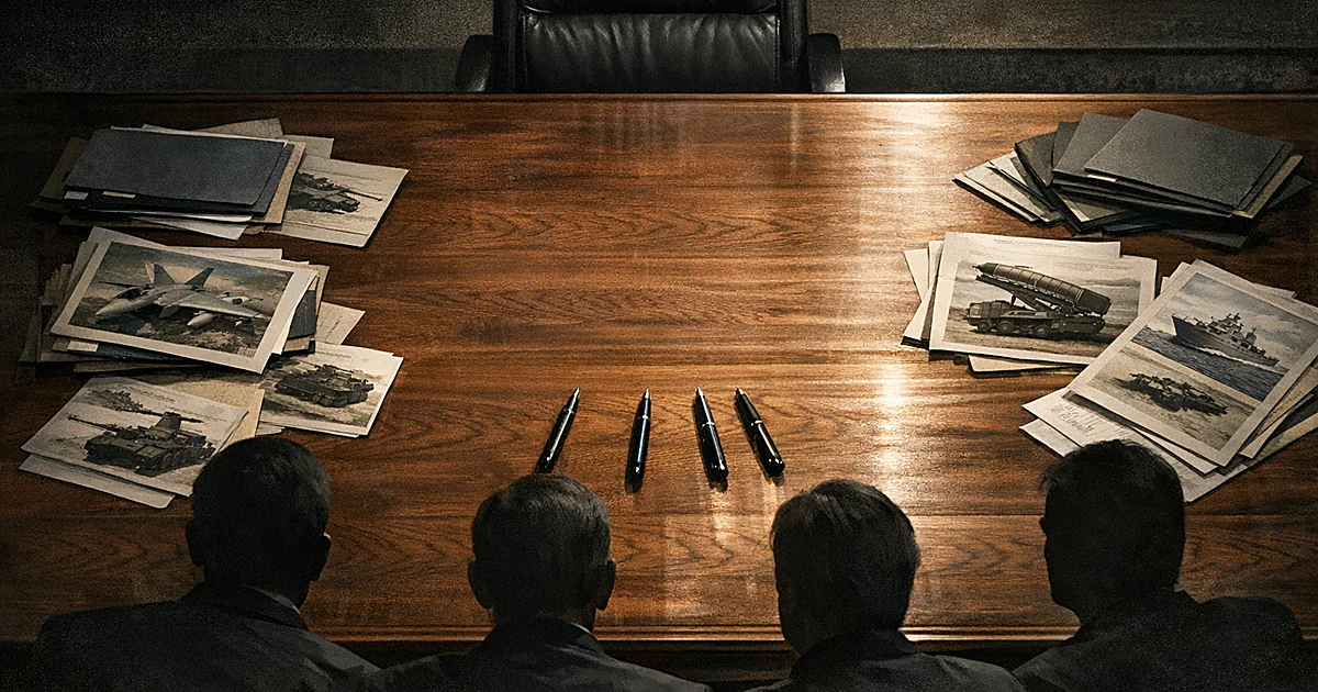 Conference table with documents and four pens pointing toward empty chair, suggesting political confrontation