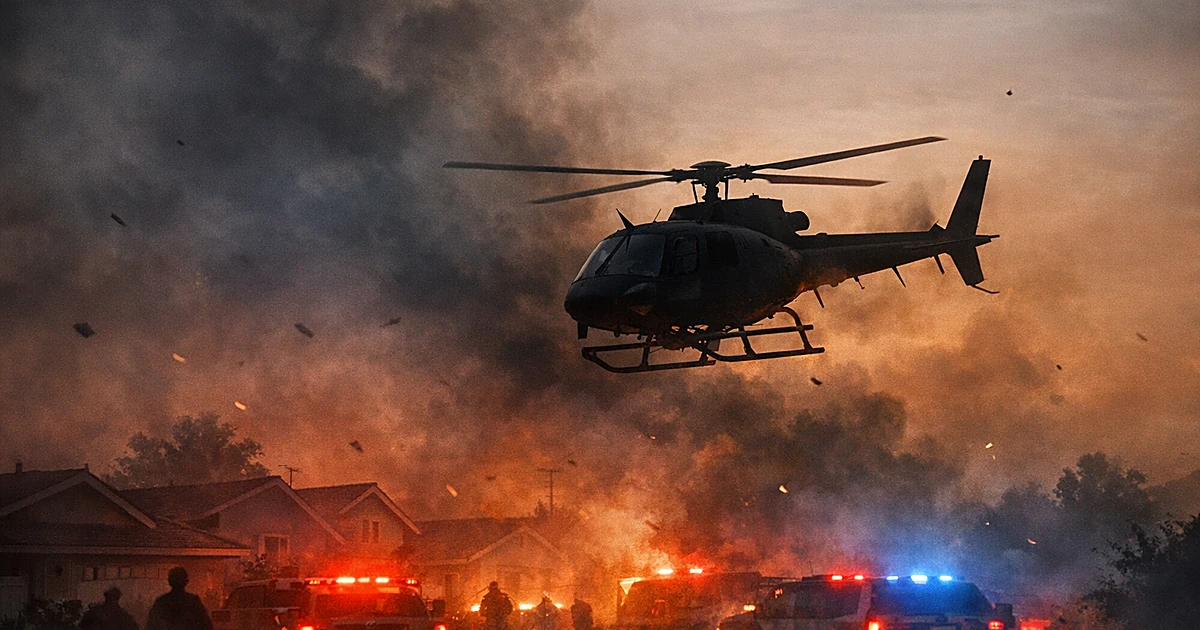 News helicopter silhouette descending through smoke above suburban rooftops with emergency lights below
