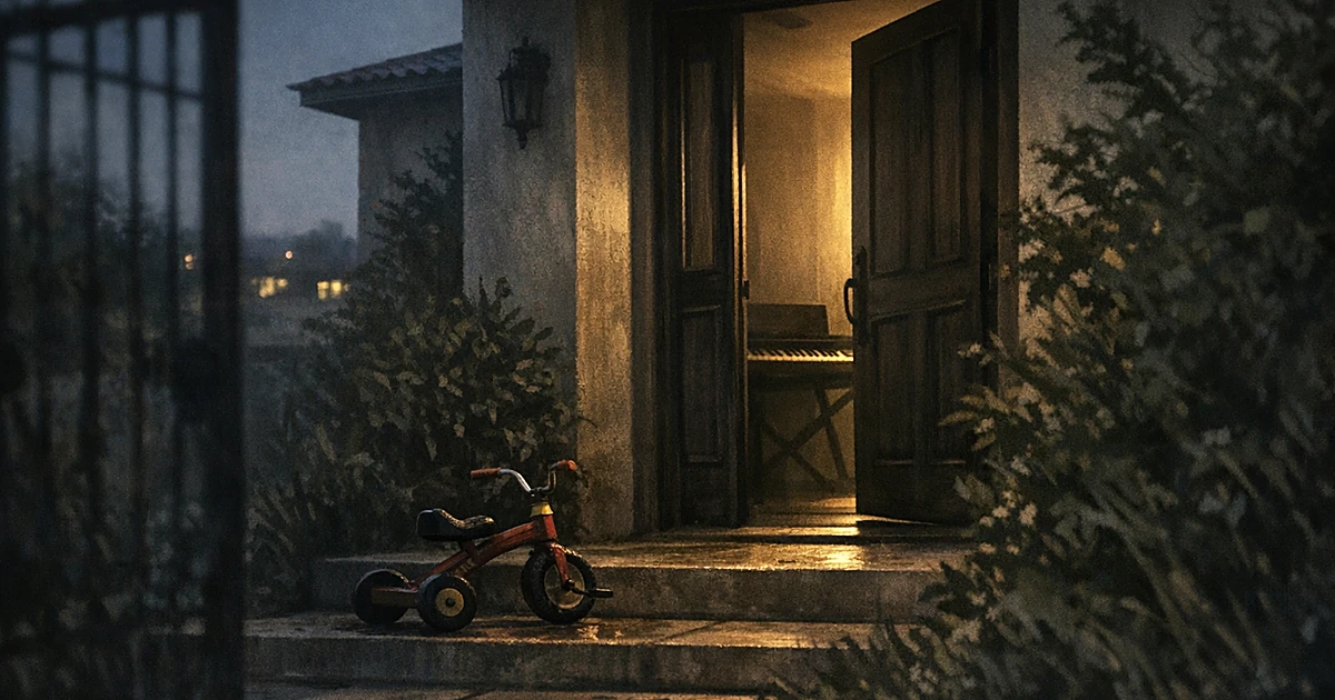 Open doorway of suburban home at dusk with abandoned tricycle and keyboard visible inside, creating somber atmosphere
