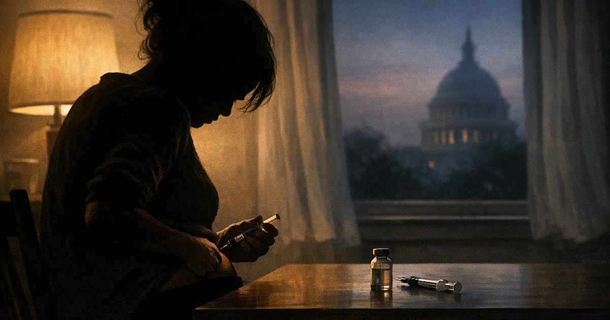 Silhouette of woman self-administering injection at table with distant capitol dome visible through window