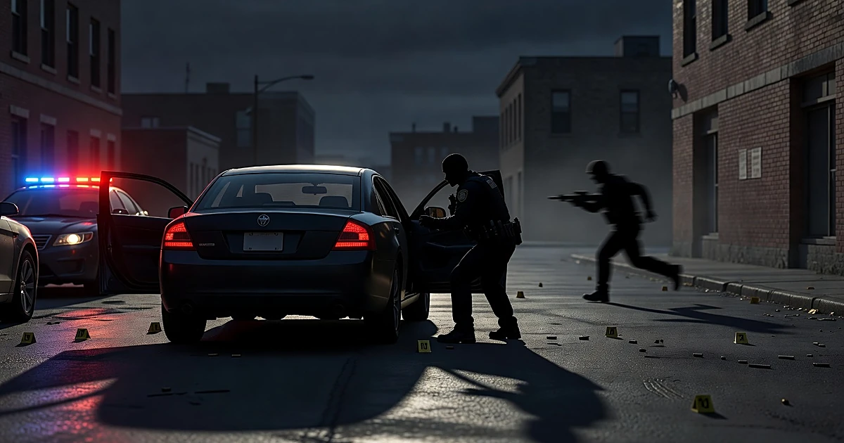 Nighttime police scene with open vehicle doors, emergency lights, and silhouetted figures on urban street