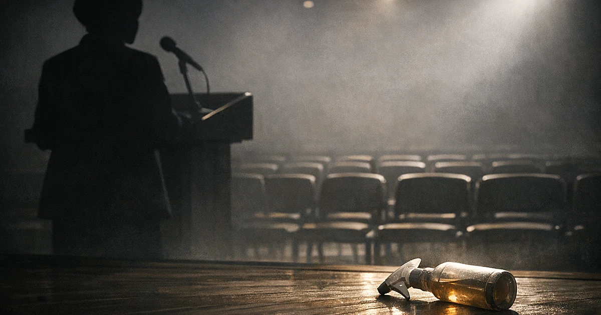 Silhouette at podium in town hall with spray bottle on stage floor under dramatic lighting