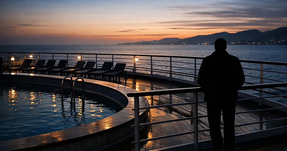 Silhouetted figure at cruise ship railing overlooking pool deck at sunset with Mediterranean waters in background