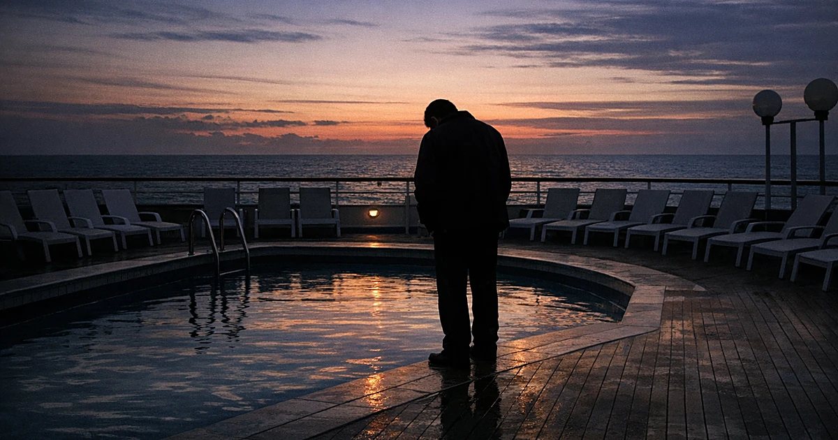 Silhouetted figure standing alone beside empty cruise ship pool at sunset with ocean in background