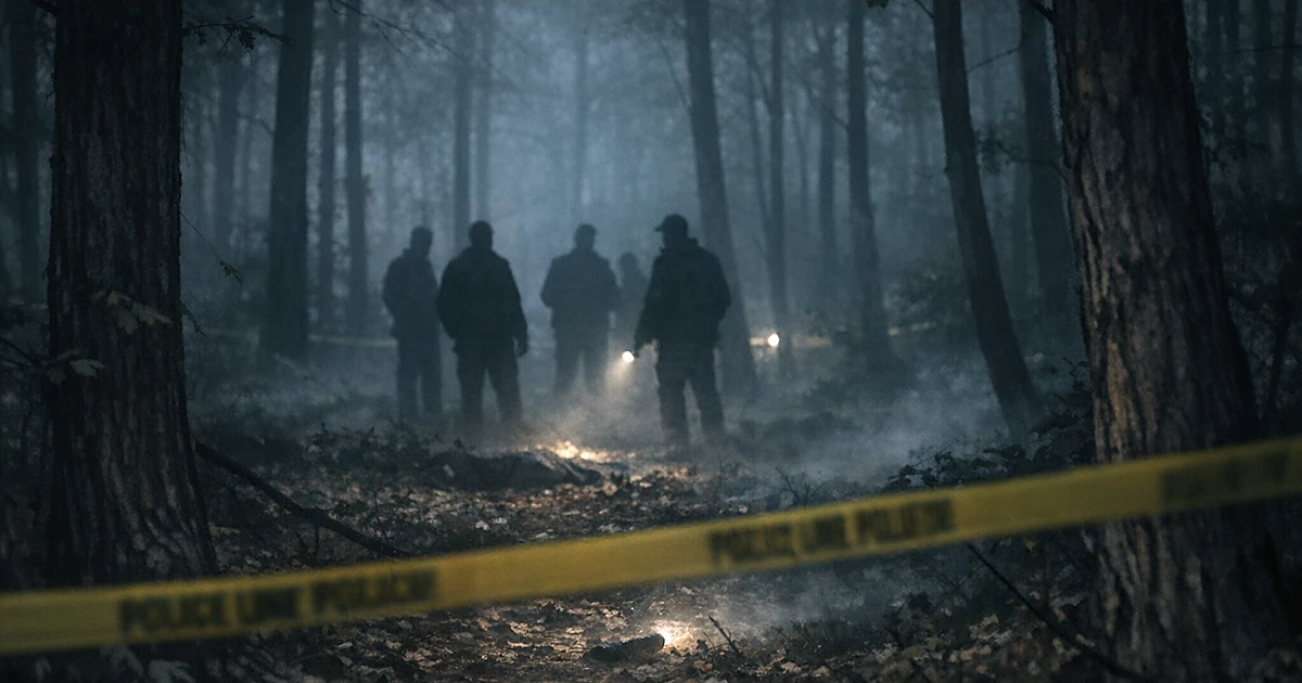 Wooded area at dusk with police tape and silhouetted figures among trees in shadowy forest setting